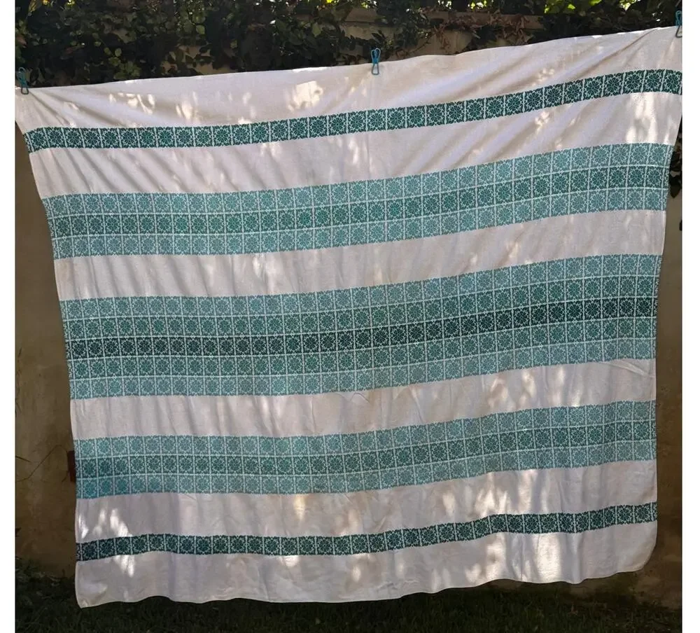 Vtg Teal White Woven Cotton Table Cloth 50X60 Geometric Stripe Mid Century Folk